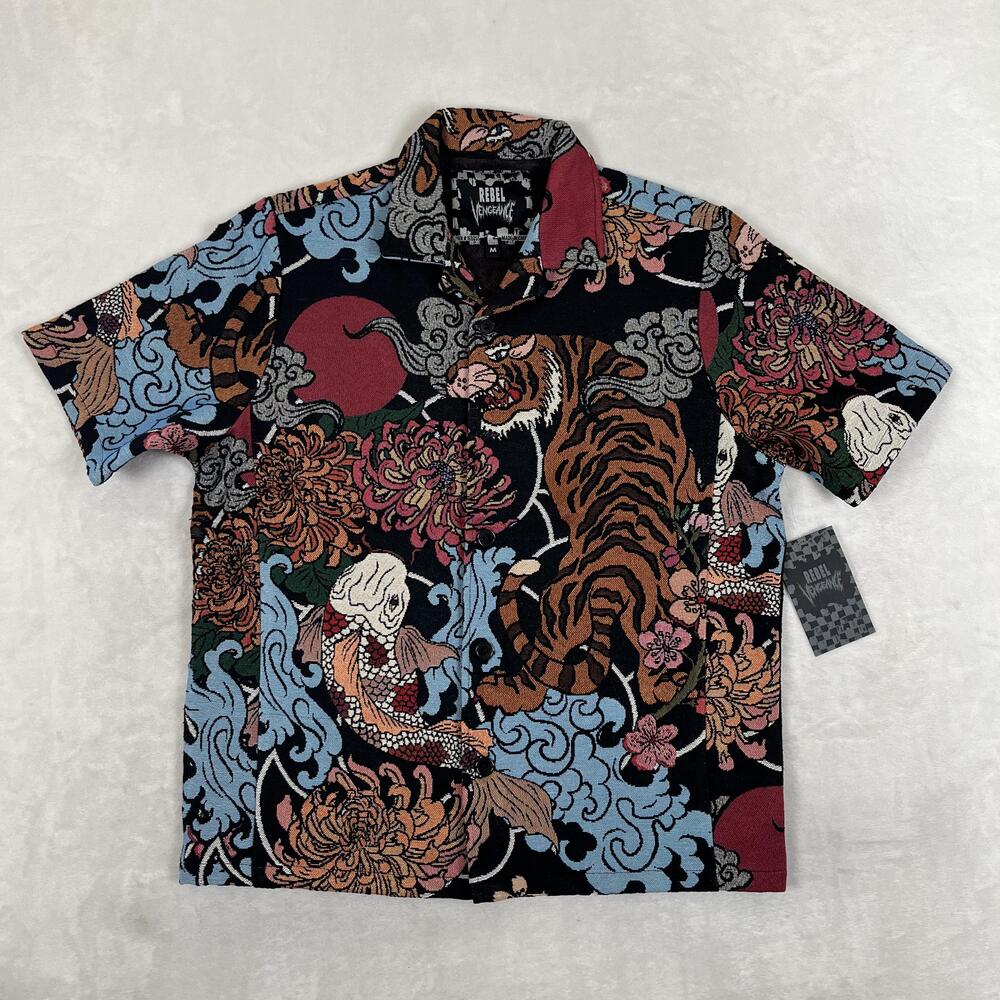 Rebel Vengeance Shirt Mens Medium Multicolor Tiger Koi Short Sleeve Button Front